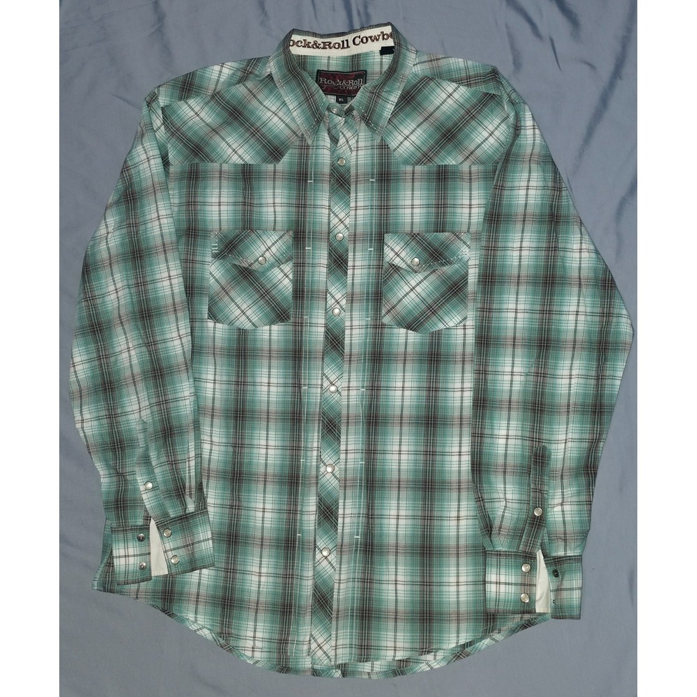 ROCK & ROLL COWBOY Men's Western Rodeo Pearl Snap Green Plaid Shirt Sz XL